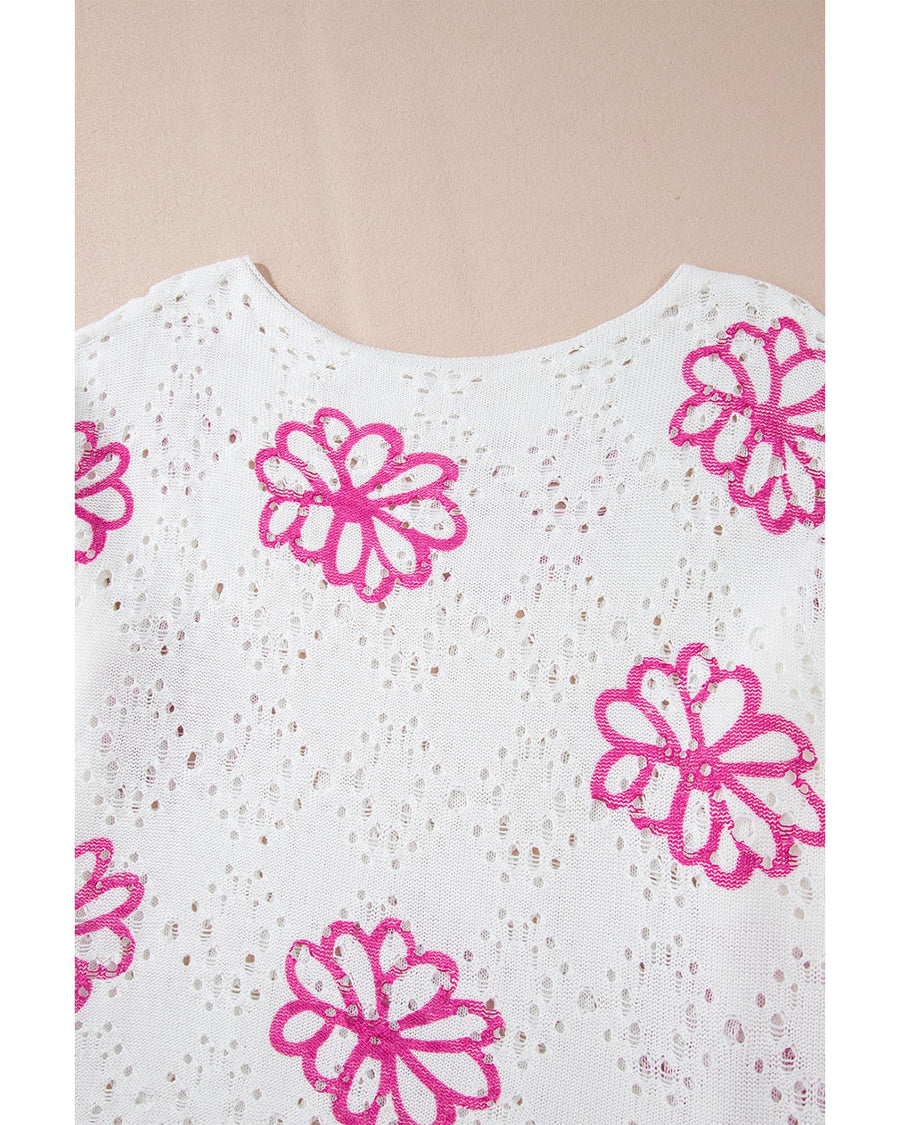 White Contrast Flower Print Eyelet Drop Shoulder Sweater - L