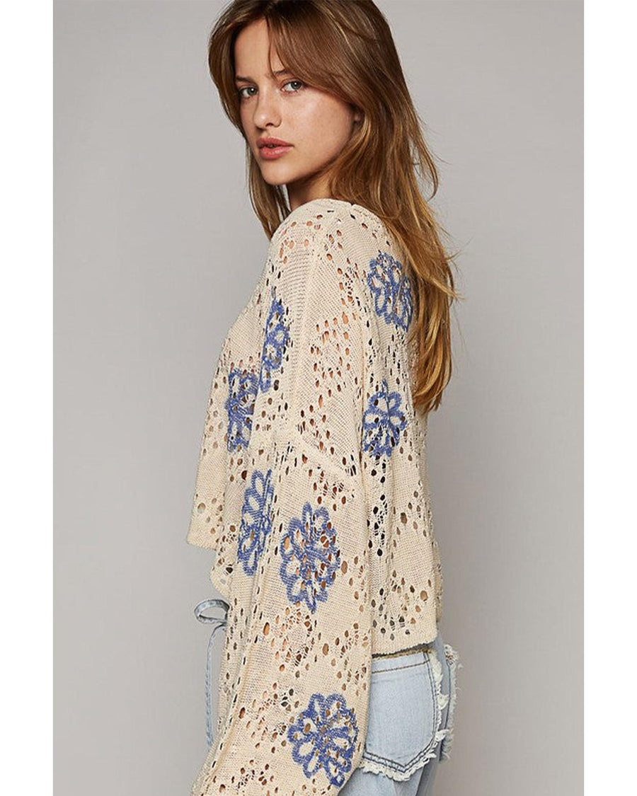 Beige Contrast Flower Print Eyelet Drop Shoulder Sweater - L