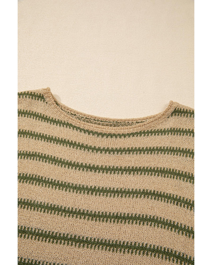 Khaki Stripe Drop Shoulder Casual Sweater - M