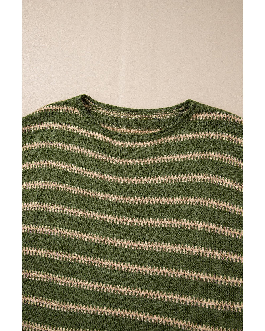Green Stripe Drop Shoulder Casual Sweater - L