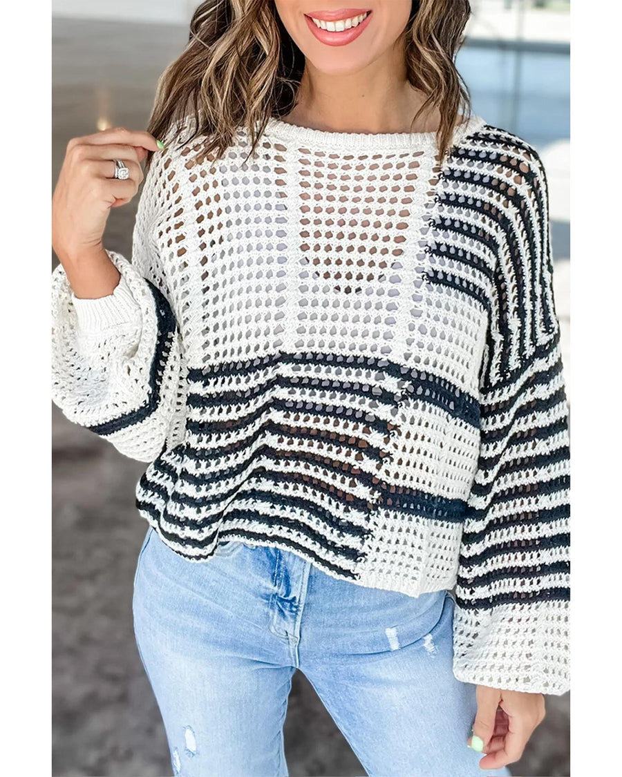 White Stripe Contrast Striped Crochet Puff Sleeve Sweater - L