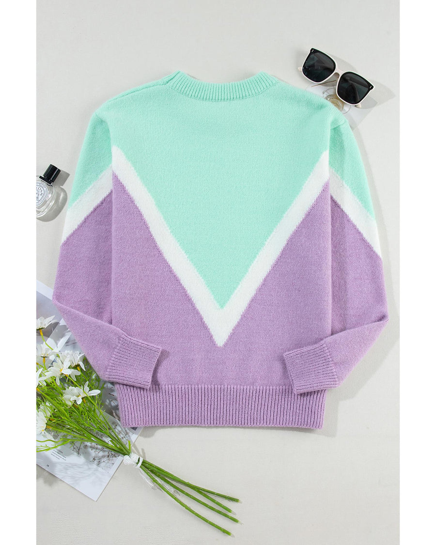 Green Chevron Colorblock Ribbed Knit Drop Shoulder Sweater - L