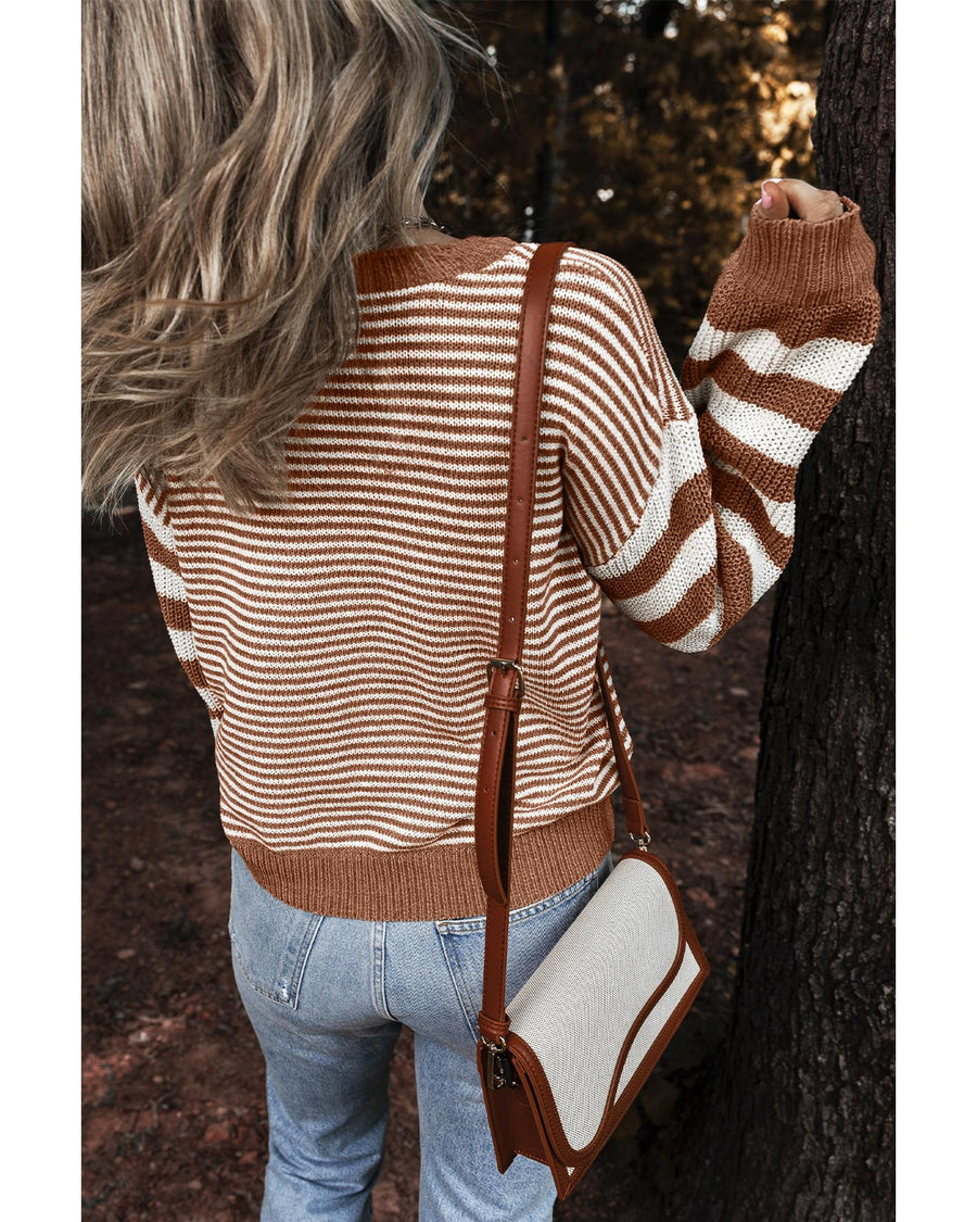 Brown Stripe Geometric Textured Drop Shoulder Sweater - S