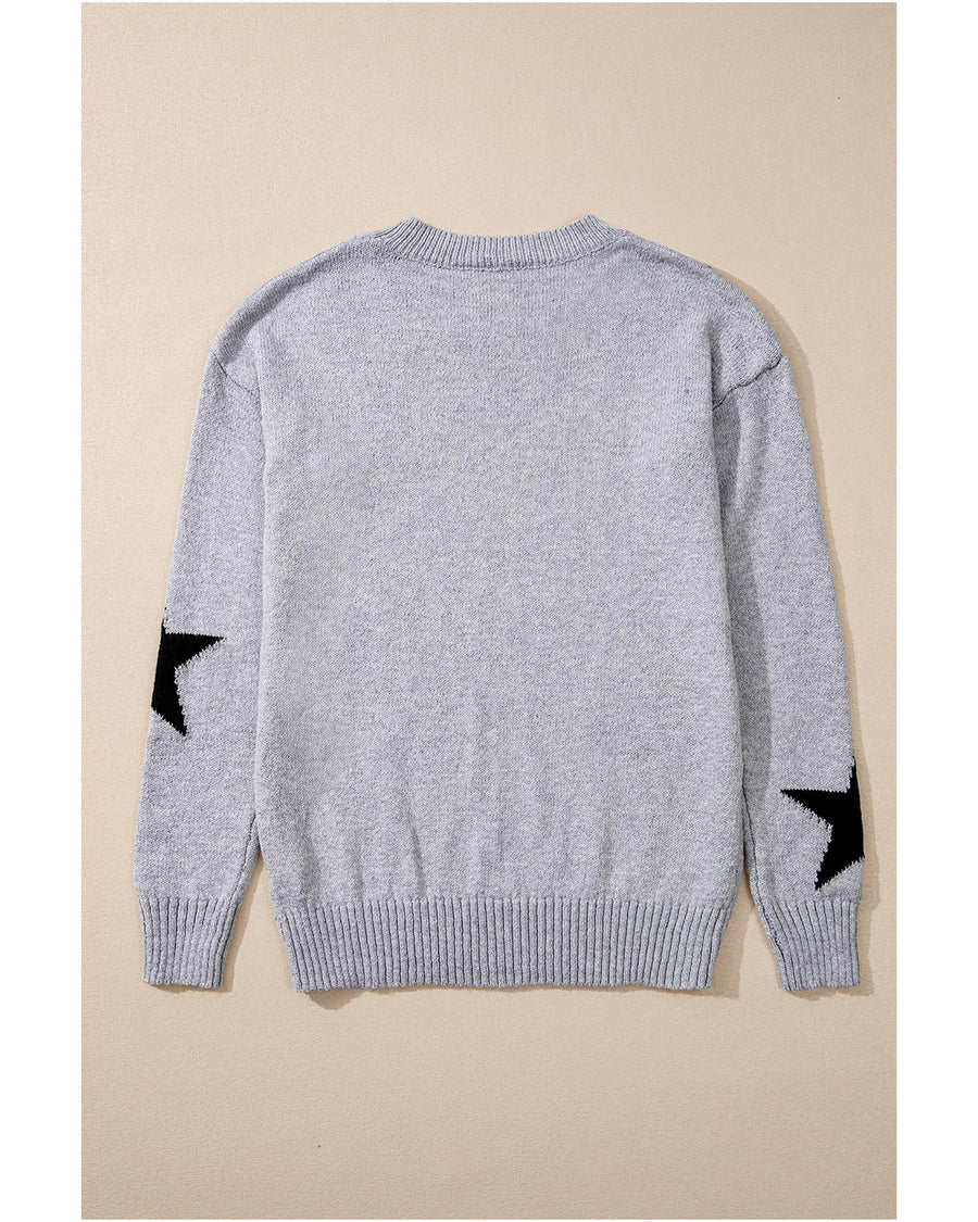 Gray Star Pattern Drop Shoulder Sweater - S