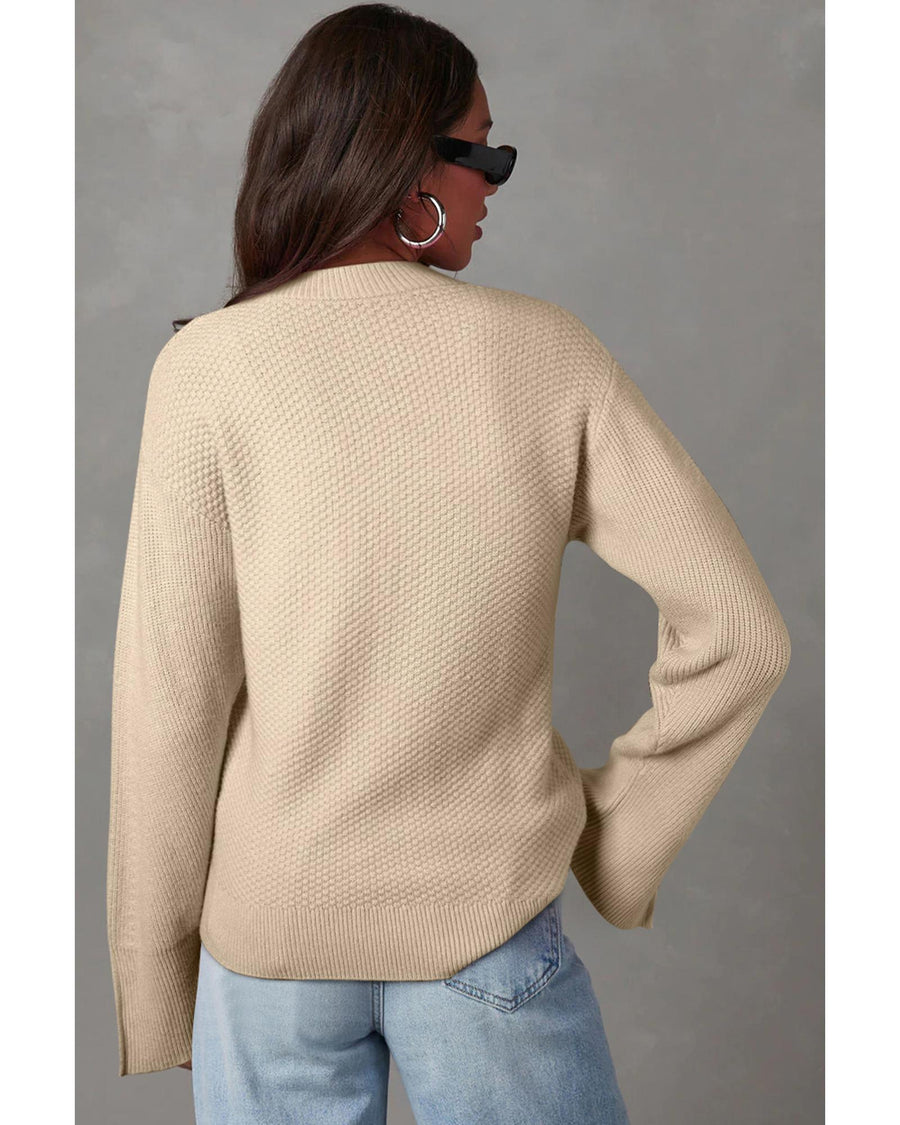 Parchment Solid Textured Knit Split Cuff Drop Shoulder Loose Sweater - 2XL
