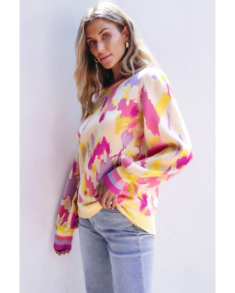 Khaki Abstract Print Colorblock Balloon Sleeve Sweater - M