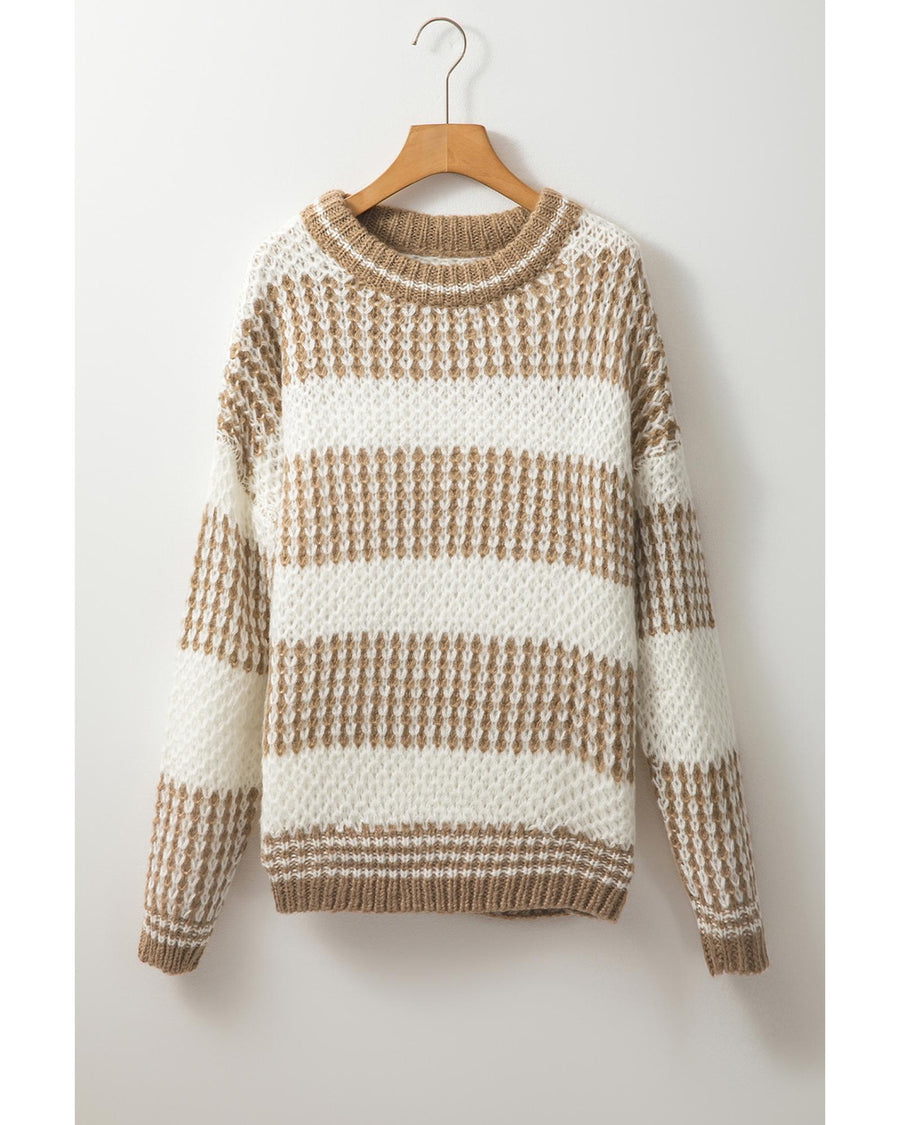 Brown Stripe Drop Shoulder Round Neck Loose Sweater - L