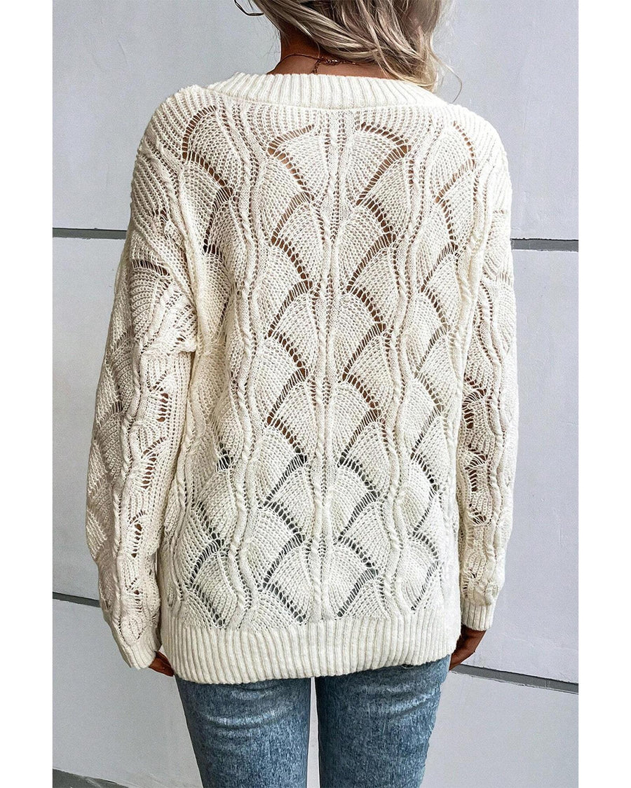 Beige Hollow Out Knit V Neck Drop Shoulder Sweater - S