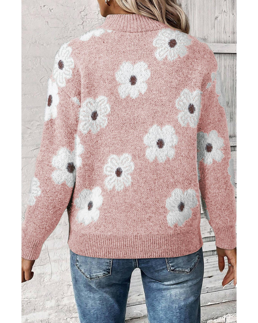 Pink Floral Pattern Half Zip Drop Shoulder Sweater - M