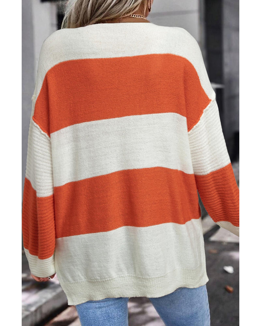 Orange Stripe Loose Color Block Drop Shoulder Bubble Sleeve Sweater - XL