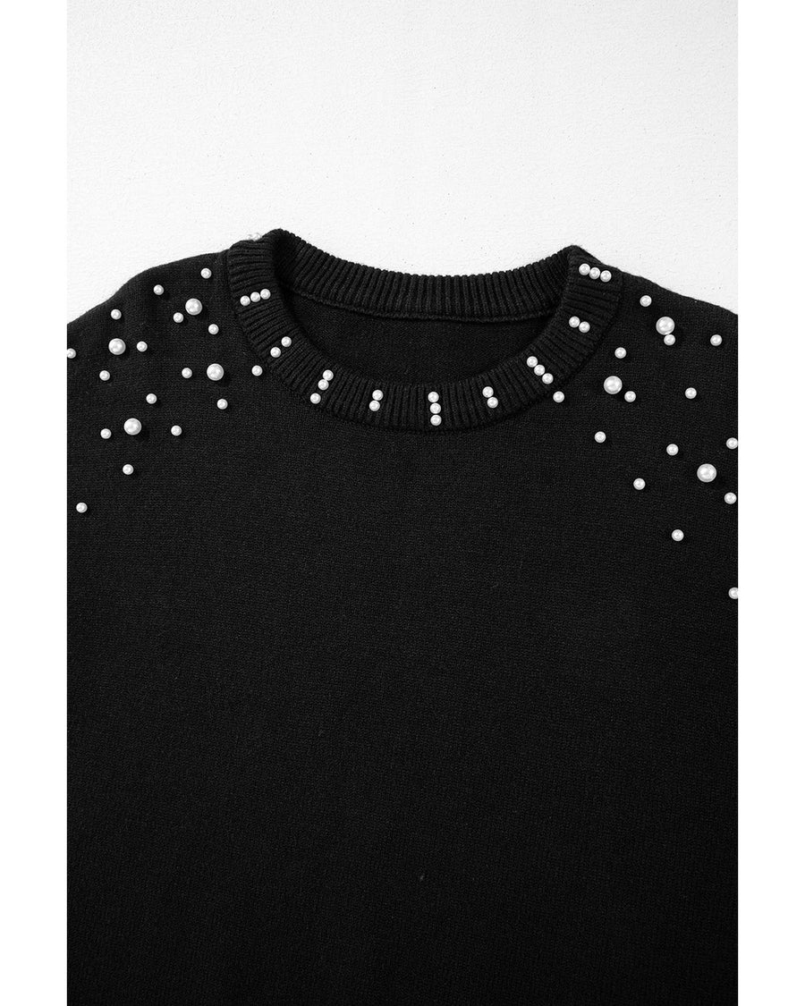 Black Pearled Drop Shoulder Round Neck Sweater - L