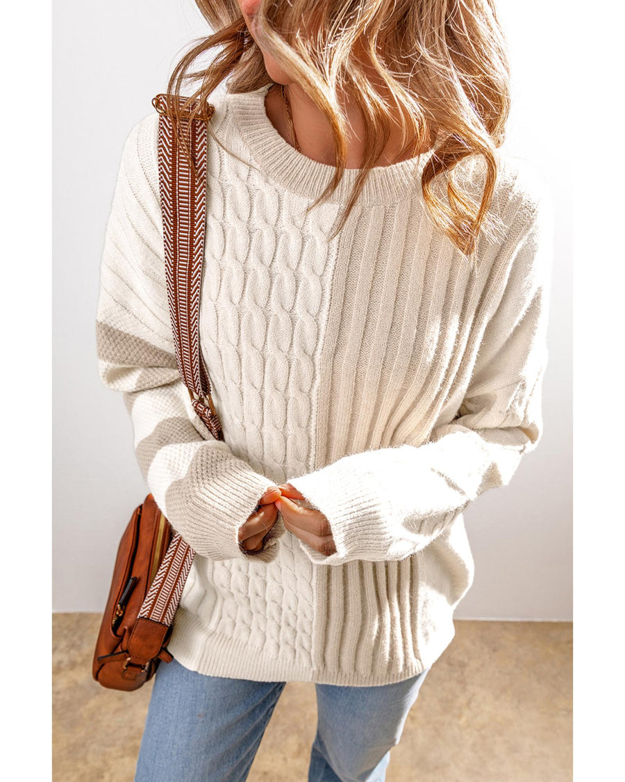 Khaki Cable Knit Colorblock Crew Neck Drop Shoulder Sweater - XL