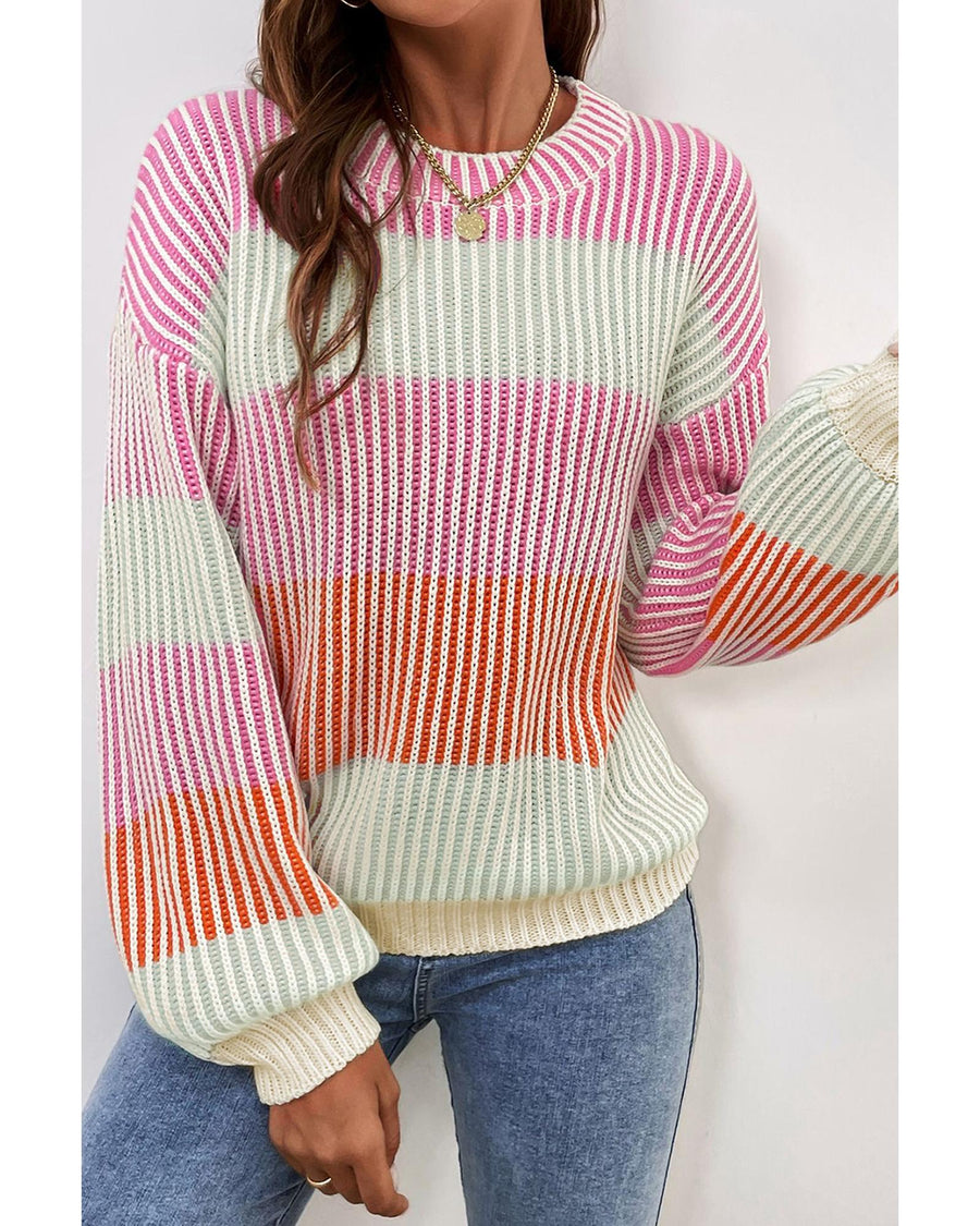 Pink Colorblock Textured Knit Bubble Sleeve Sweater - M