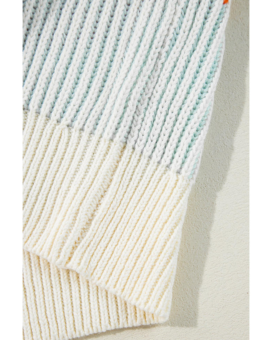 Multicolour Colorblock Textured Knit Bubble Sleeve Sweater - XL