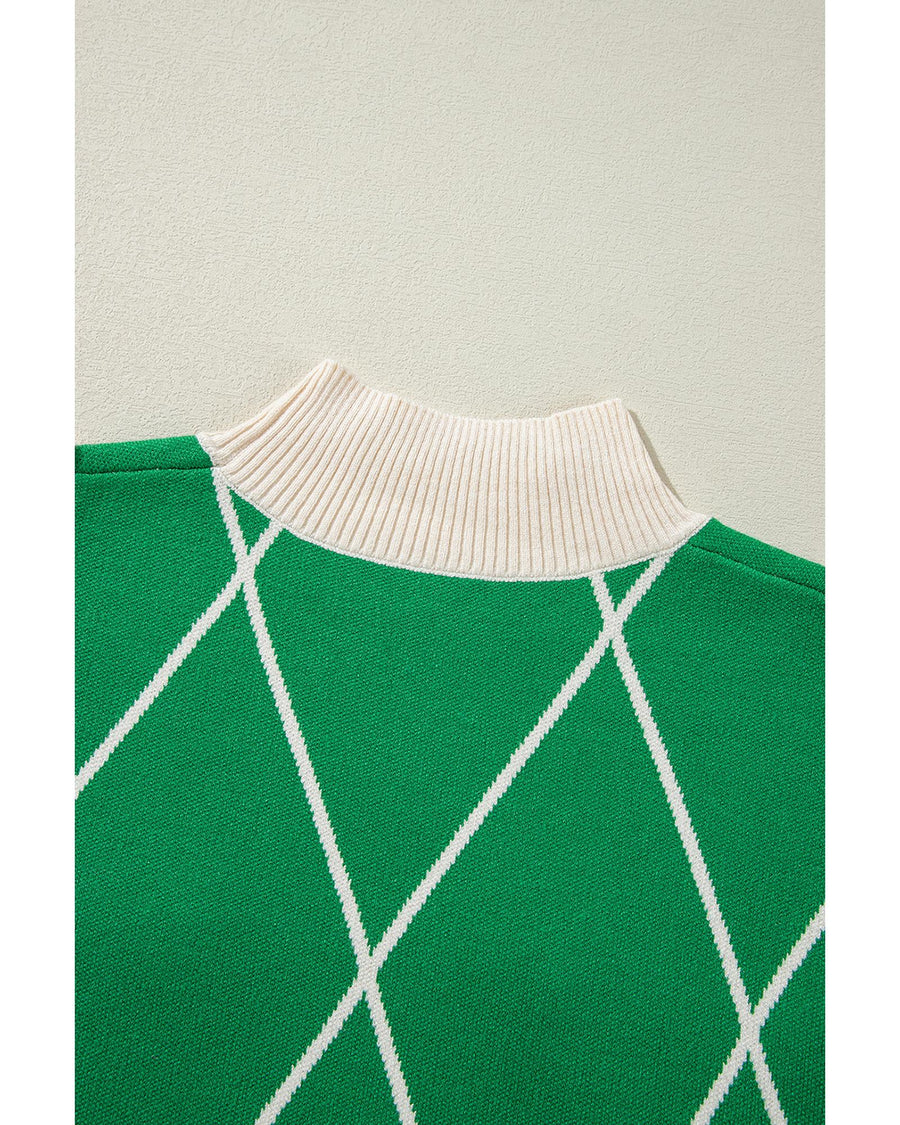 Dark Green Diamond Pattern Pom Accents Contrast Trim High Neck Sweater - XL