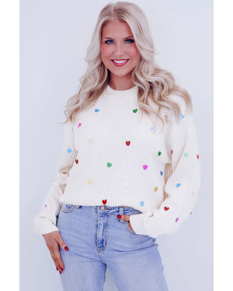 Beige Sequin Heart Shape Waffle Knit Round Neck Sweater - XL