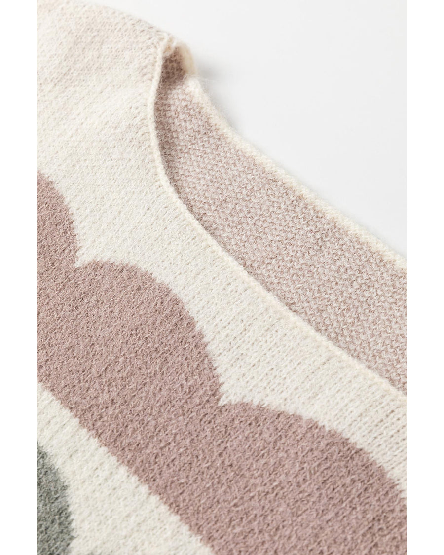 Gray Wave Striped Balloon Sleeve Drop Shoulder Sweater - S