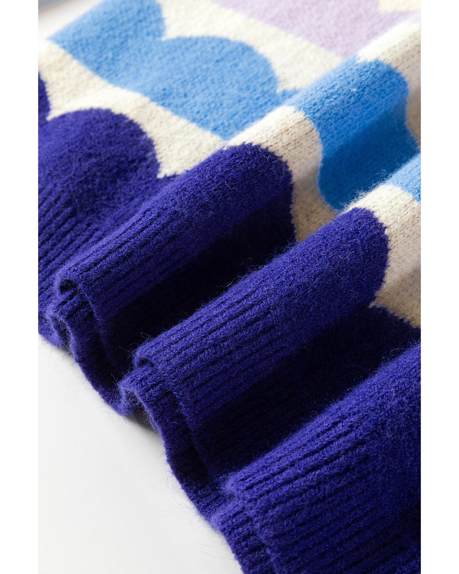 Dark Blue Wave Striped Balloon Sleeve Drop Shoulder Sweater - L