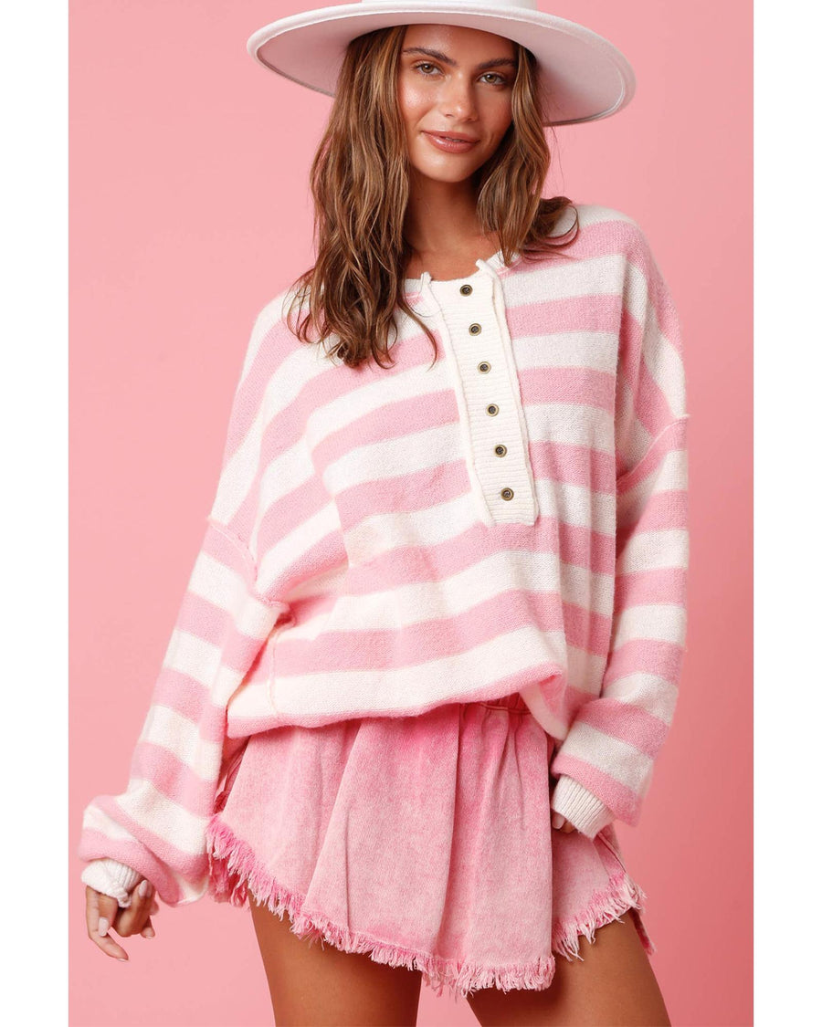 Pink Stripe Half Buttons Drop Shoulder Sweater - L