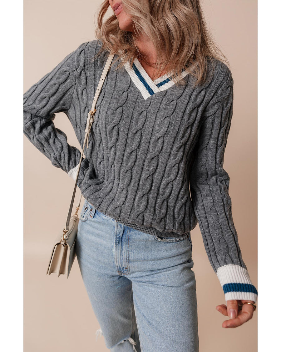 Medium Grey Color Contrast Ribbed Edge Cable Knit V Neck Sweater - 2XL
