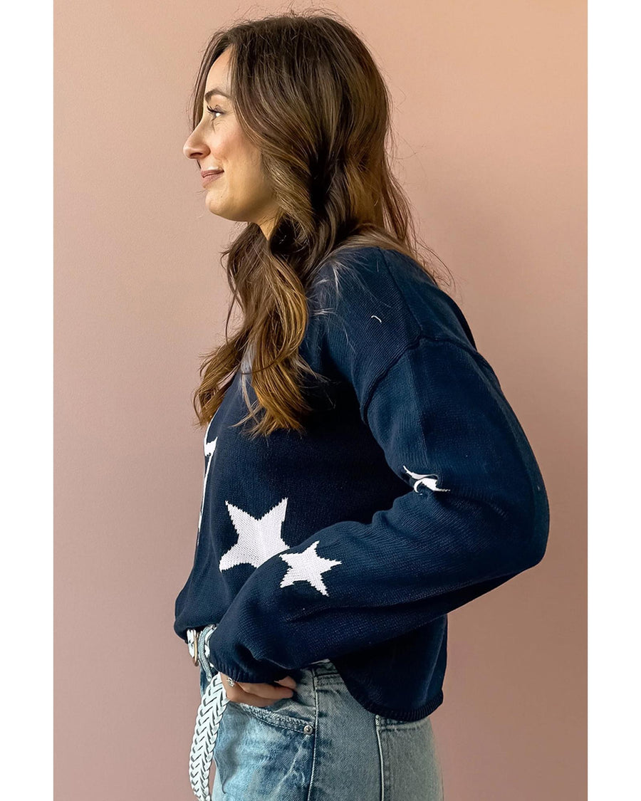 Sail Blue Star Pattern Drop Shoulder Knitted Sweater - XL