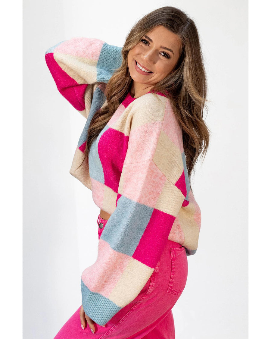 Rose Red Color Block Drop Shoulder Crewneck Loose Fit Sweater - XL