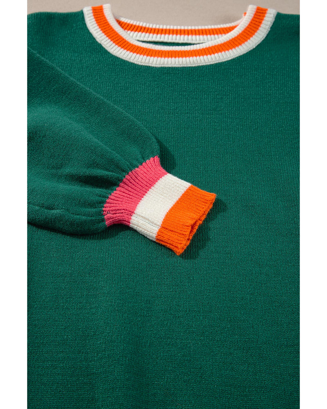 Blackish Green Colorblock Striped Trim Drop Shoulder Sweater - L