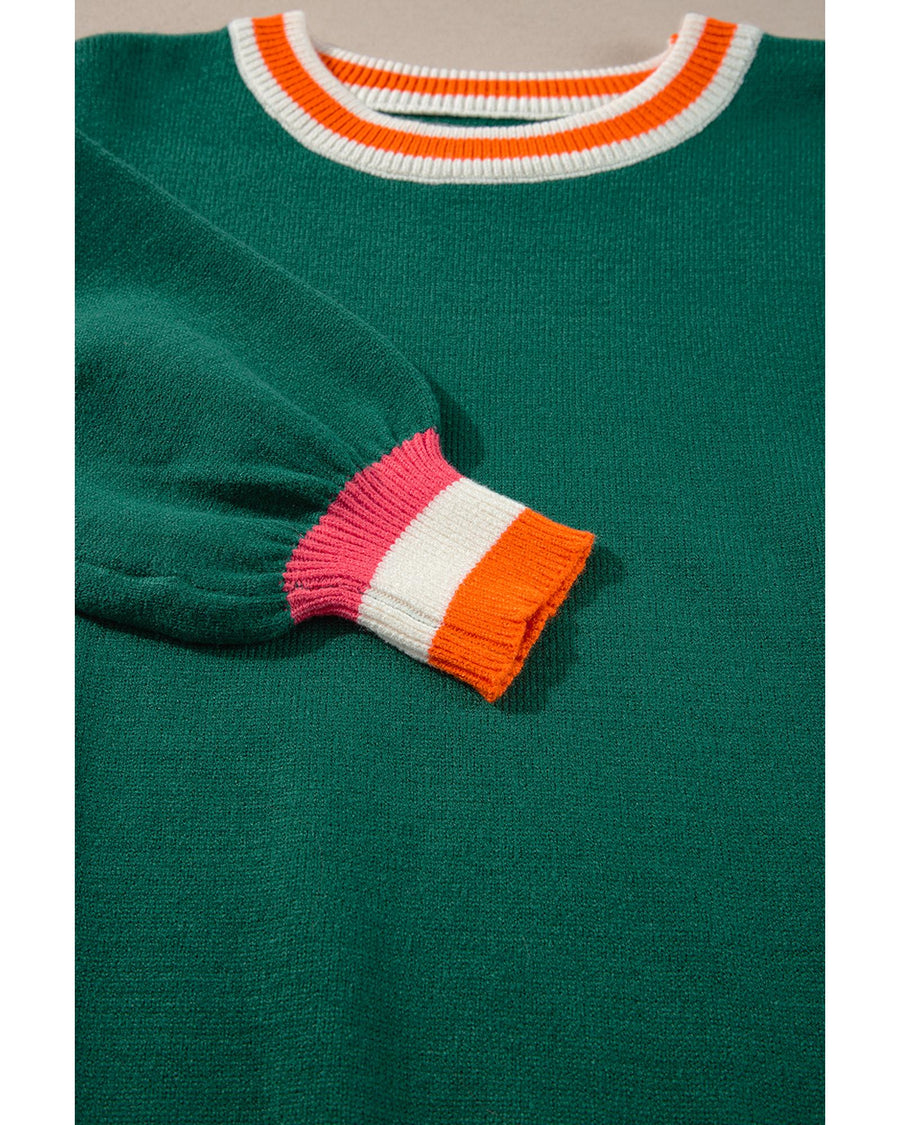 Blackish Green Colorblock Striped Trim Drop Shoulder Sweater - XL