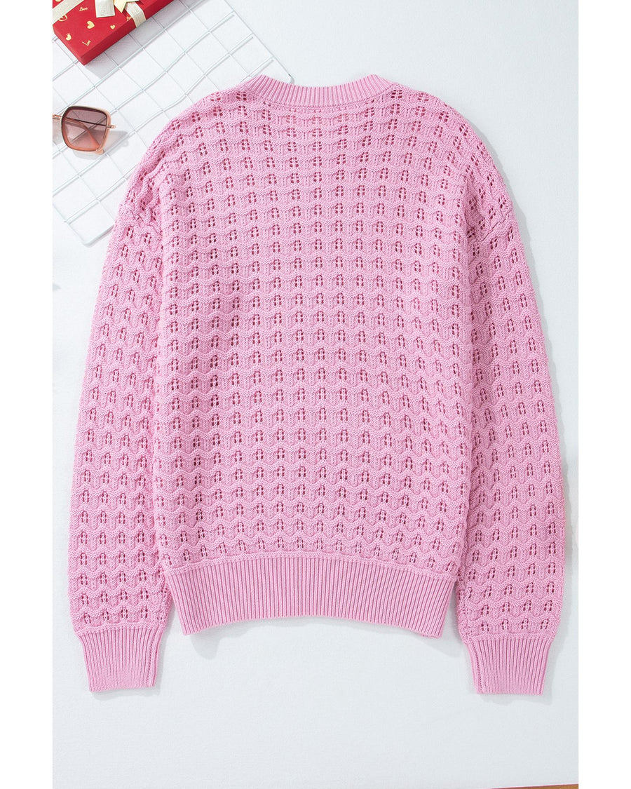 Pink Crochet Knit Drop Shoulder Sweater - XL