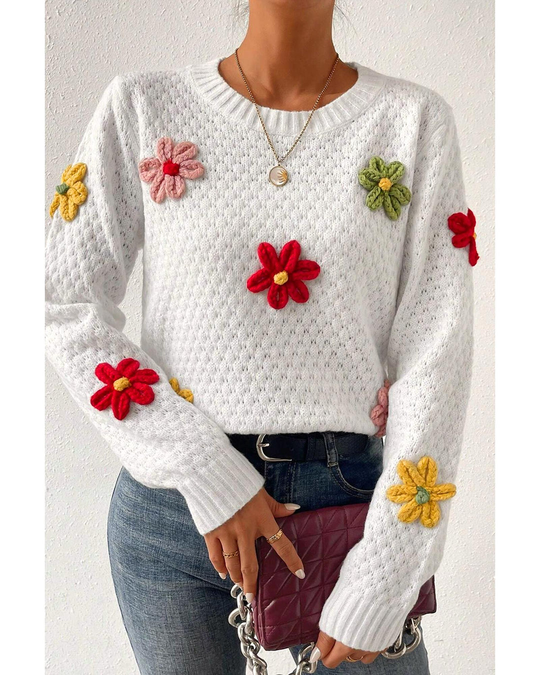 White Colorful Flower Applique Textured Knit Sweater - M