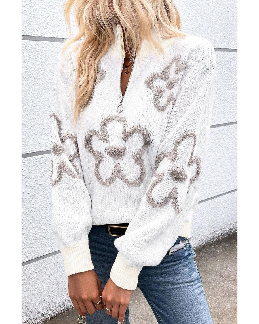 White Contrast Flower Half Zipper Stand Neck Sweater - XL