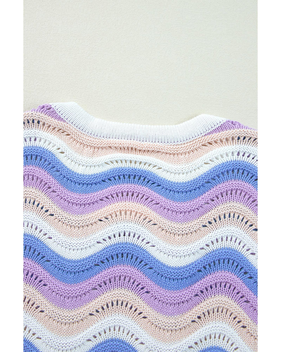 Purple Stripe Wavy Pointelle Knit Drop Shoulder Sweater - XL