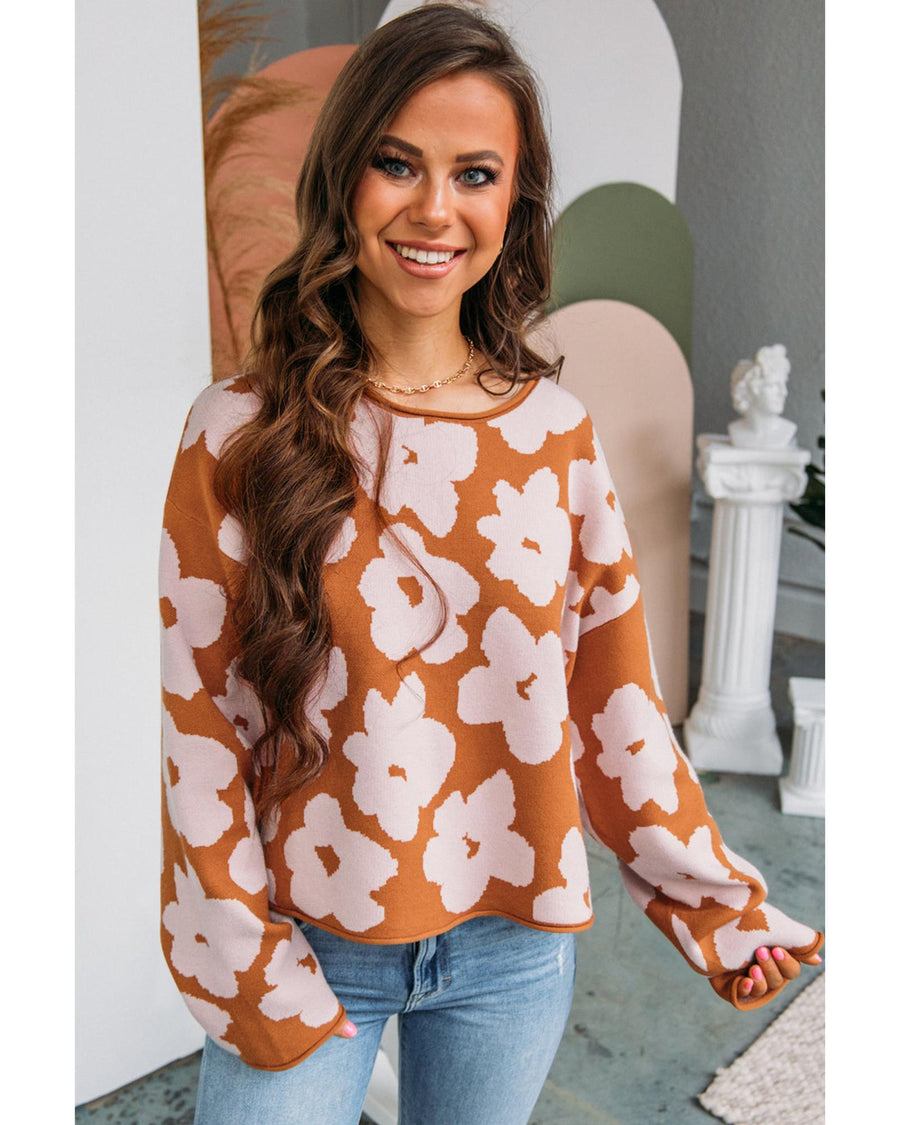 Brown Floral Pattern Crew Neck Long Sleeve Loose Sweater - XL