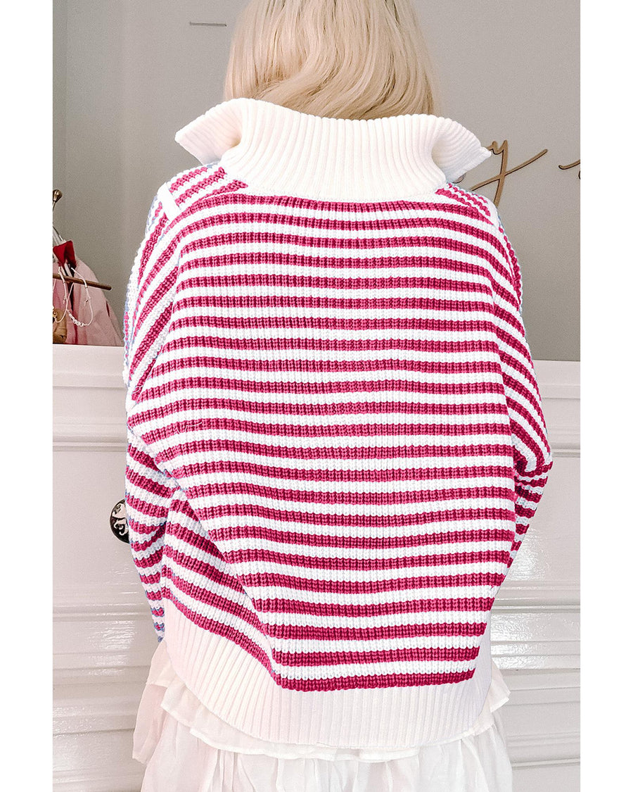 Pink Stripe Zip up Collar Drop Shoulder Sweater - L