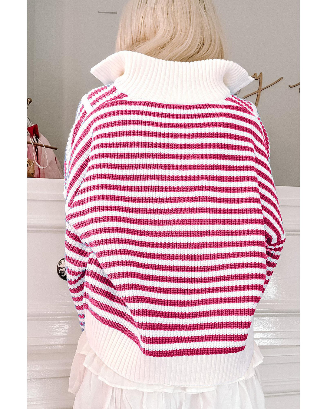 Pink Stripe Zip up Collar Drop Shoulder Sweater - S