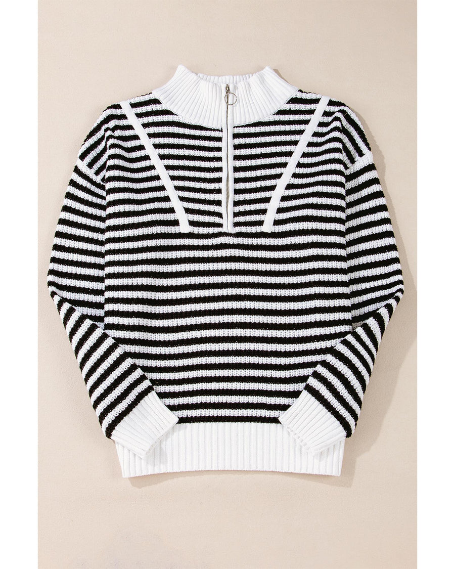 Black Stripe Zip up Collar Drop Shoulder Sweater - L