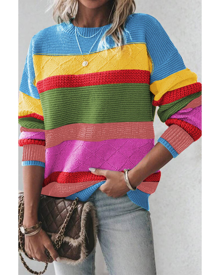 Light Blue Colorblock Mixed Textured Drop Shoulder Sweater - M