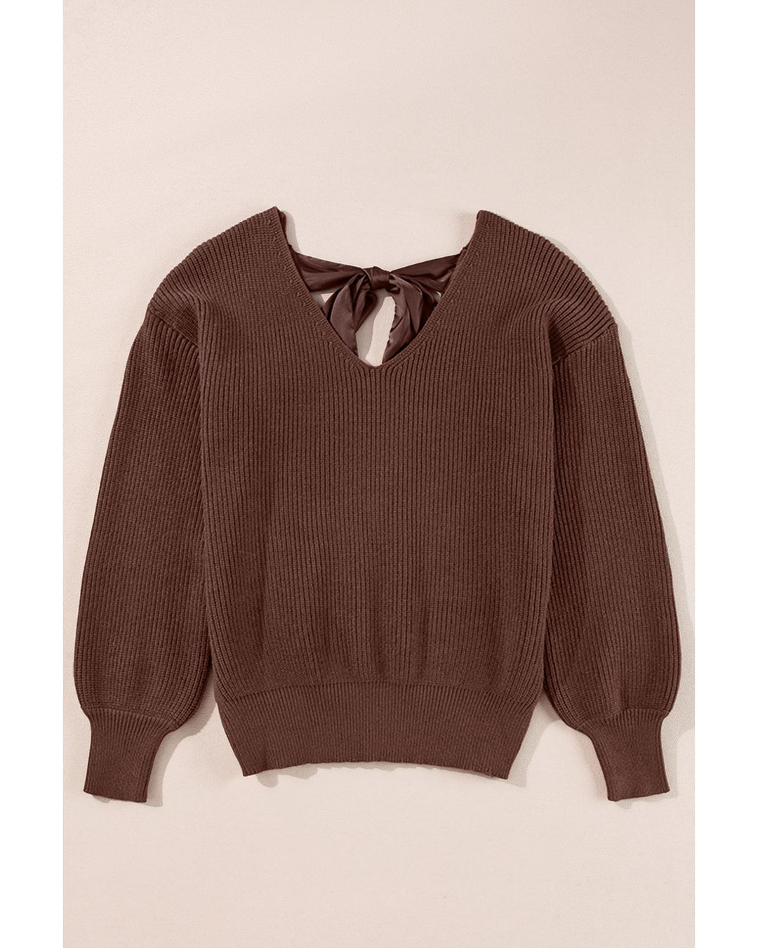 Coffee Lantern Sleeve V Neck Knot Back Sweater - L