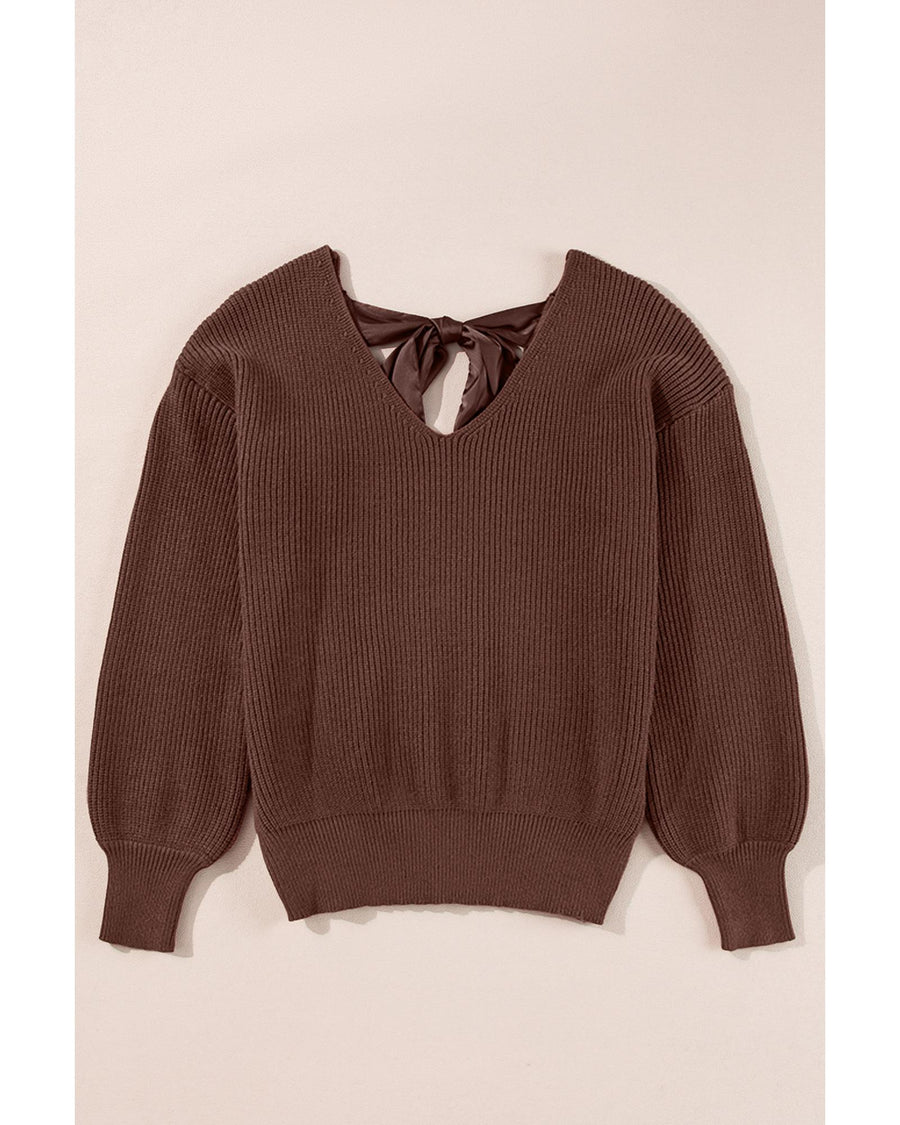 Coffee Lantern Sleeve V Neck Knot Back Sweater - XL