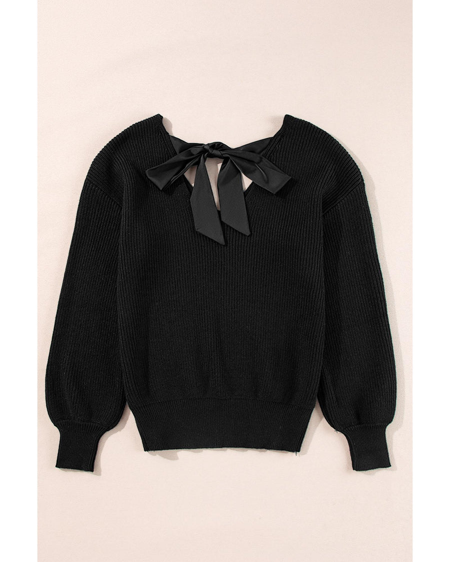 Black Lantern Sleeve V Neck Knot Back Sweater - L