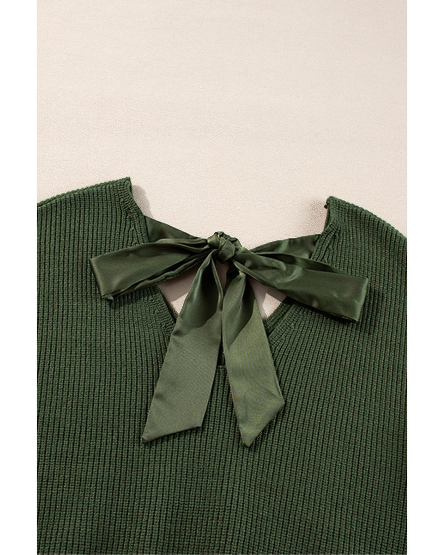 Jungle Green Lantern Sleeve V Neck Knot Back Sweater - XL