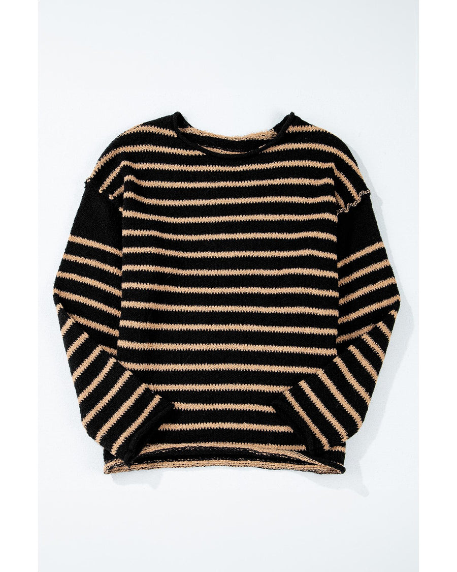 Black Stripe Drop Shoulder Round Neck Loose Sweater - L