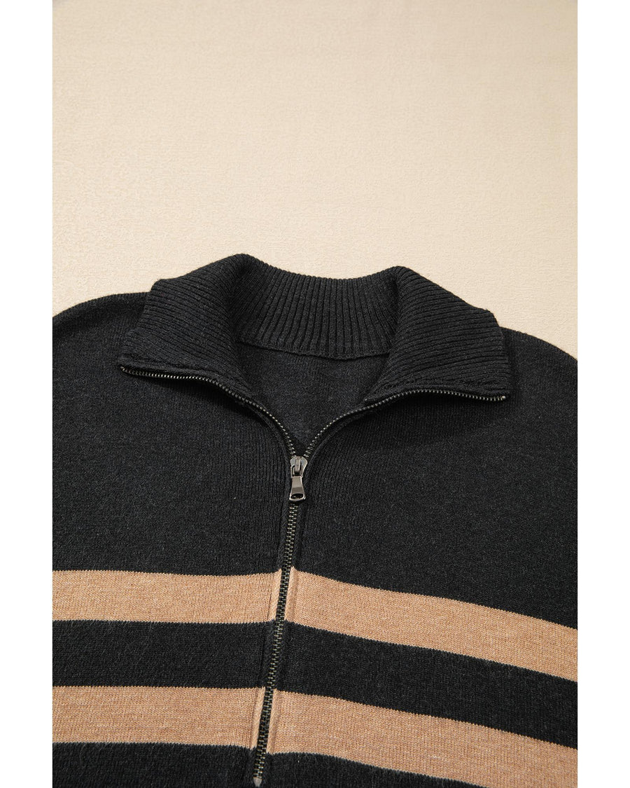 Black Stripe Collared Quarter Zipper Oversized Sweater - L
