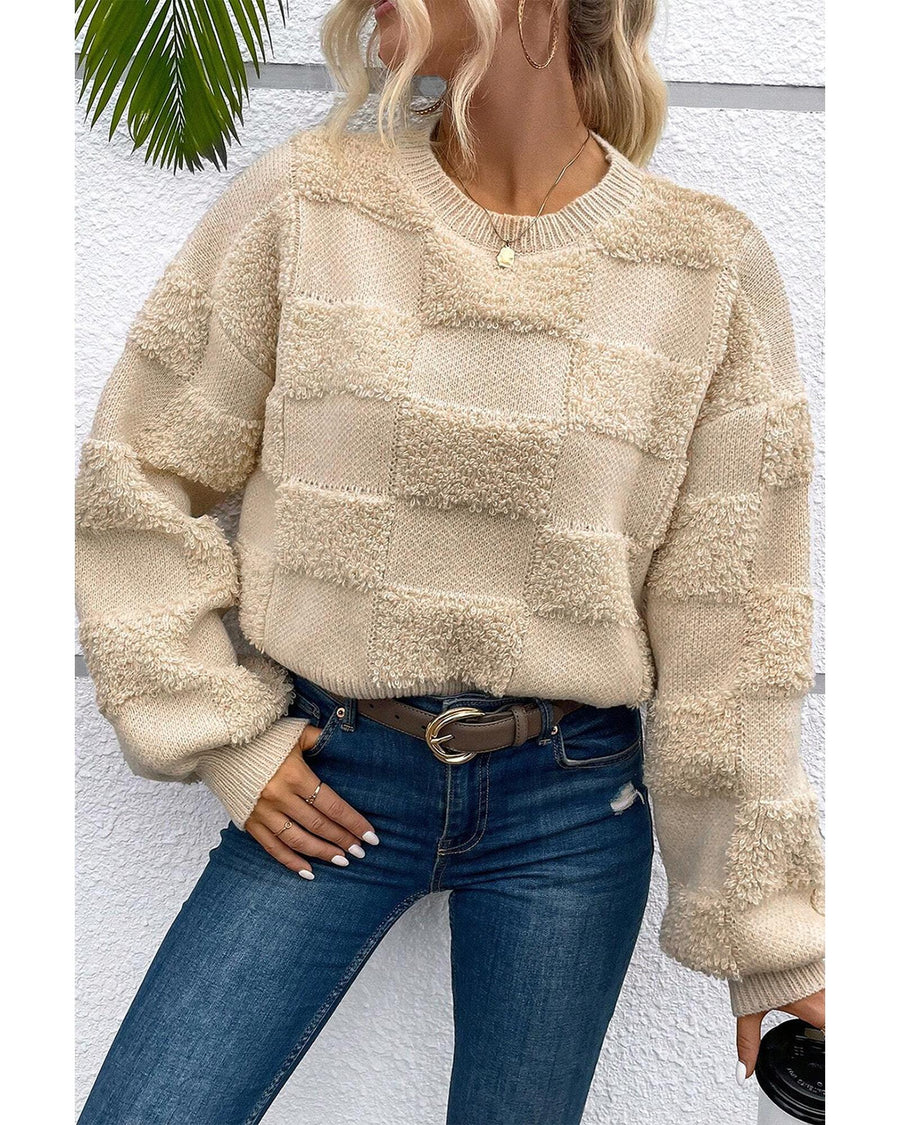 Parchment Checkered Sherpa Crew Neck Loose Sweater - S