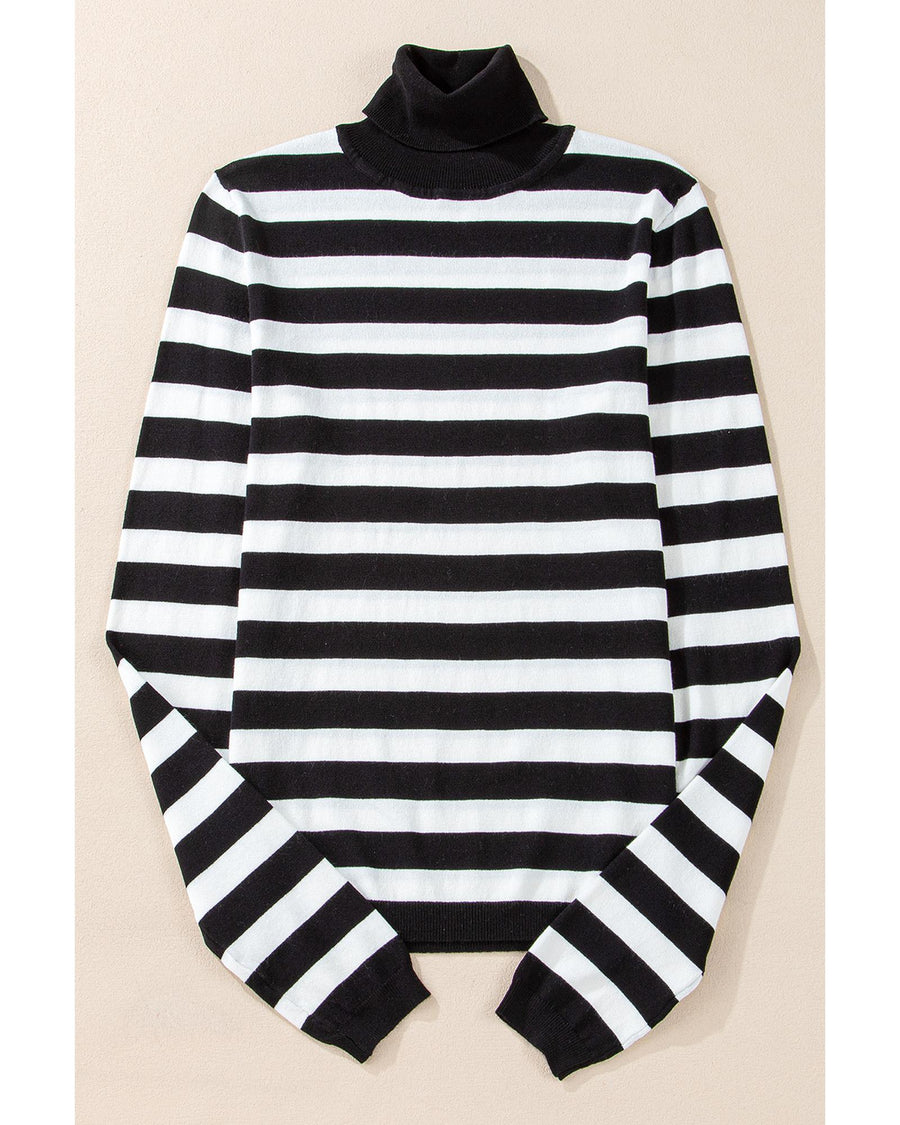 Black Stripe Slim Fit High Neck Knit Sweater - M