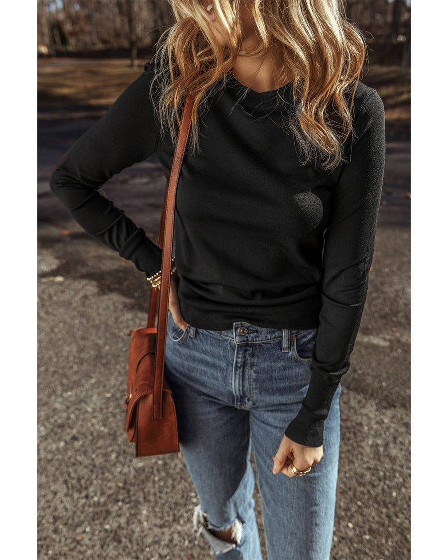 Black Solid Color Slim Fit Lightweight Crew Neck Sweater - M
