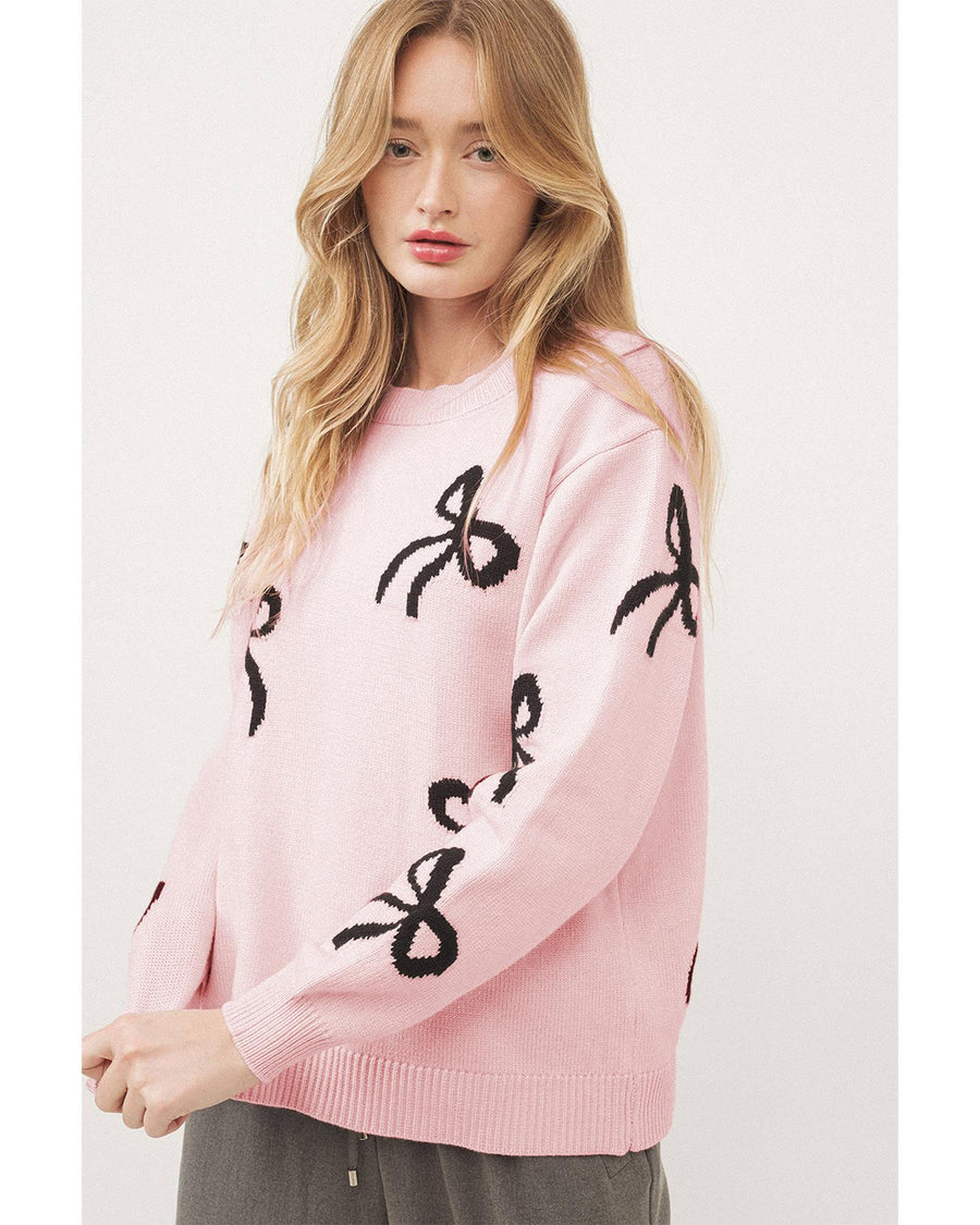 Light Pink Bow Pattern Knitted Loose Fit Sweater - L