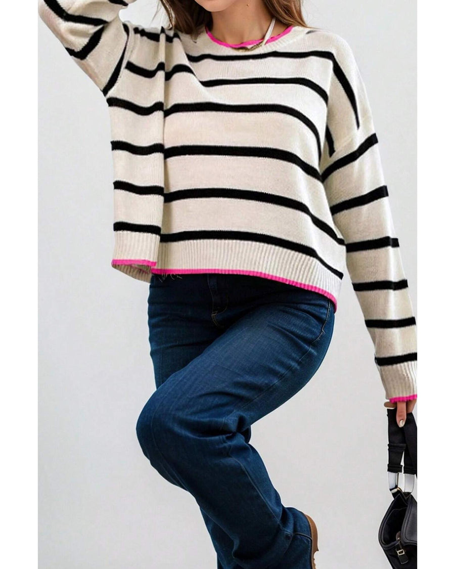 White Stripe Color Contrast Drop Shoulder Crew Neck Sweater - XL