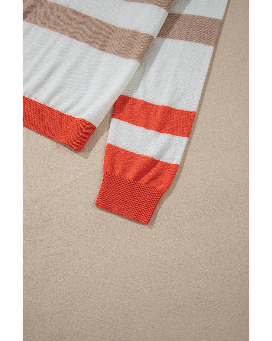 Apricot Colorblock Striped Round Neck Drop Shoulder Sweater - L