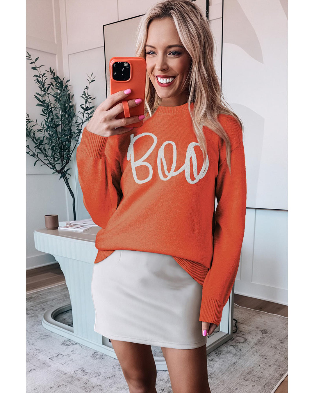 Orange Boo Knitted Pattern Ribbed Edge Drop Shoulder Sweater - 2XL